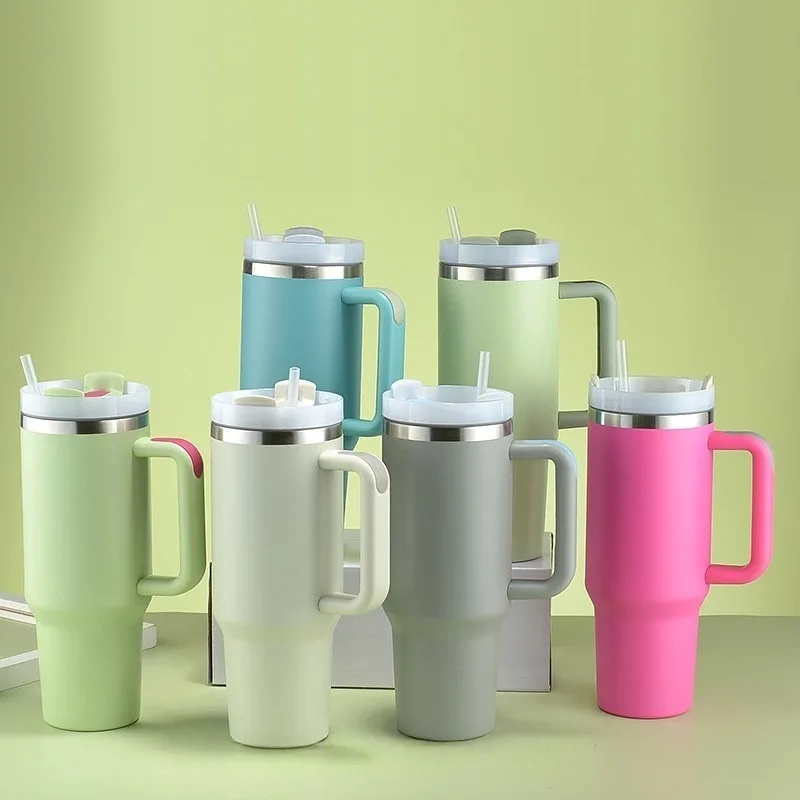 Second-Generation 40 OZ Double-Layer Vacuum Car Cup Large Capacity Straw Ice Mug Full Color Vacuum Thermos Drinkware