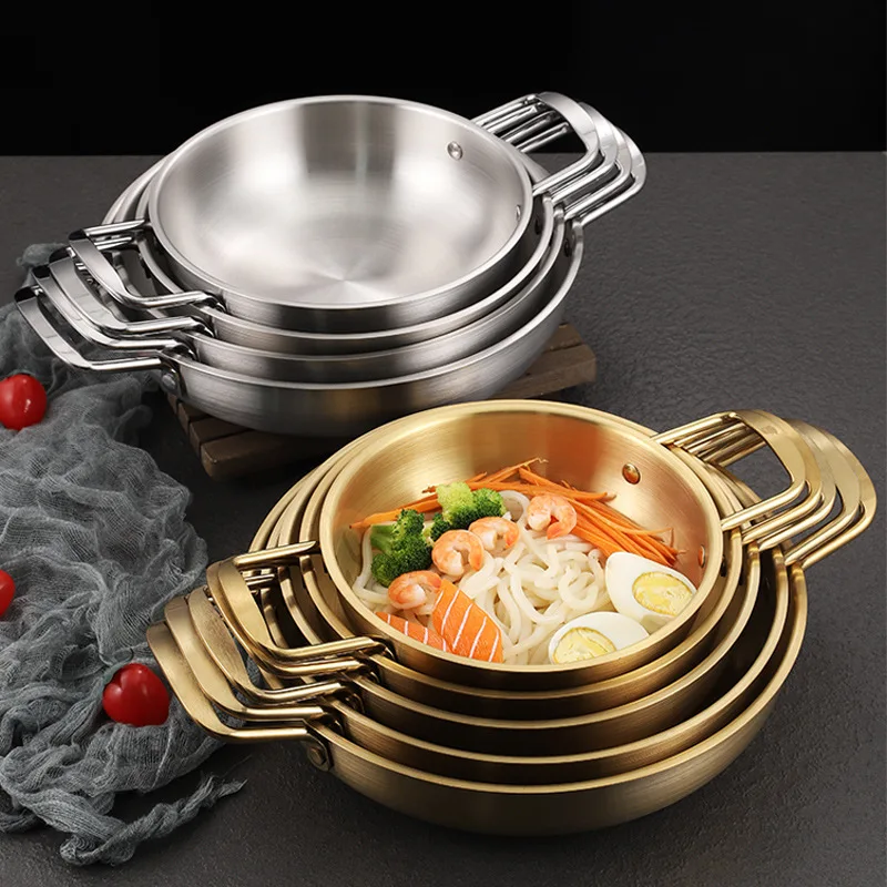 Korean Style Army Hot Pot Binaural Instant Noodle Cooker Thickened Stainless Steel Soup Stock Pot Golden Ramen Pot Seafood