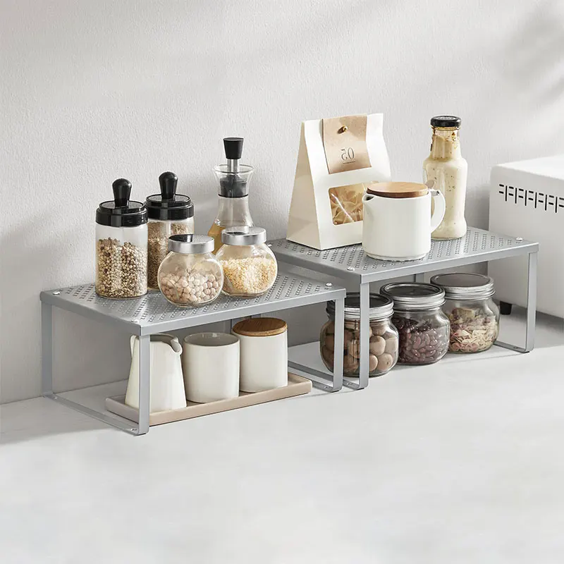 2-Tier Metal Kitchen Countertop Storage Rack Practical Stackable Cabinet Organizer with Spice Jar Stand Saves Space Shelf