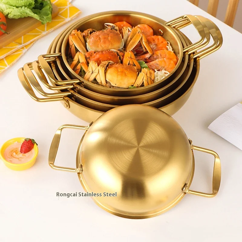 Korean-Style Classic Design Stainless Steel Mini Hot Pot with Binaural Golden Lid for Seafood Spanish Ramen Soup Instant Noodles