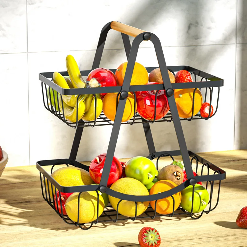 Kitchen 2 Tier Stainless Steel Home Portable with Wooden Handle Fruit Vegetable Basket Mesa Removable Snack Storage Rack Shelf