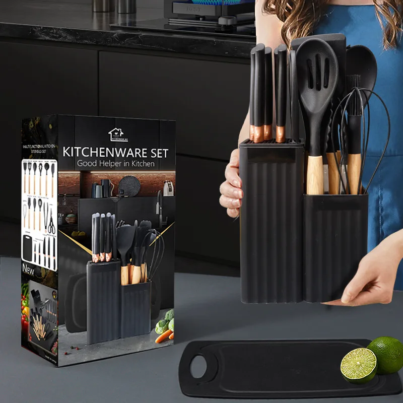 19-Piece Silicone Kitchen Knife Set with Wooden Handle Cuttings Board Special Storage Bin Including Turners Utensils