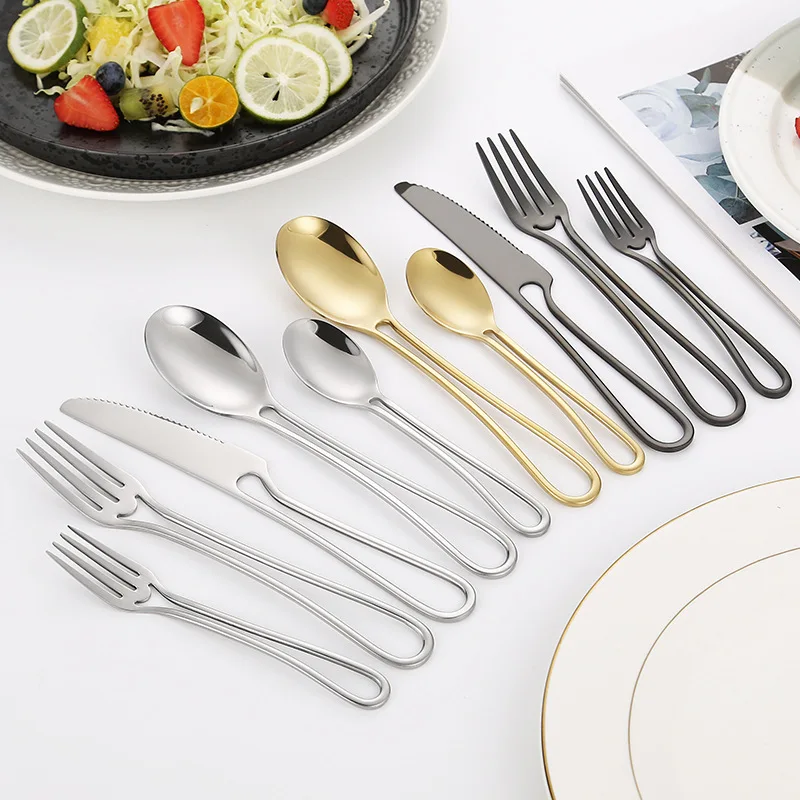 Creative Cross-Mirror Stainless Steel Flatware Set Hollowed Handle Includes Steak Knife Fork Disposable for Hotels Restaurants