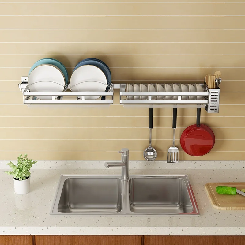 Kichen Organizer Storage Unique Accessories Set Stainless Steel Wall Mounted Shelves Cutlery Holder for Dish Drying Rack Tray