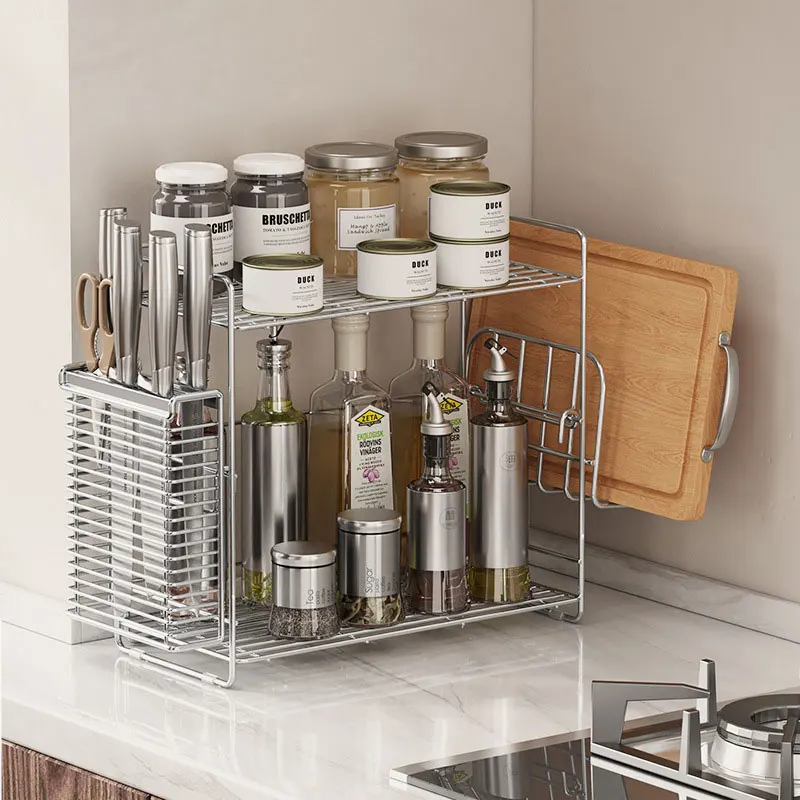 2-Tier 304 Stainless Steel Kitchen Storage Rack Knife Holder Chopping Board Organizer Spice Bottles Shelf Chopstick Basket