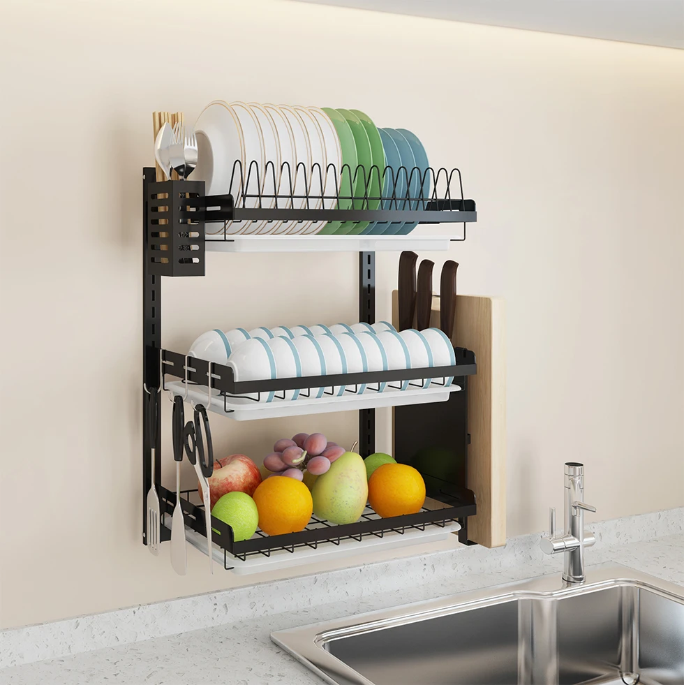 Black Wall Mounted Dish Drying Rack Price Stainless Steel Storage Holders Racks for Kitchen Storage Use Metal
