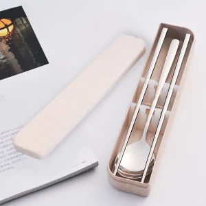 Uncle Donald Portable Stainless Steel Chopsticks and Spoons with Wheat Box Travel and Campus for Back to School