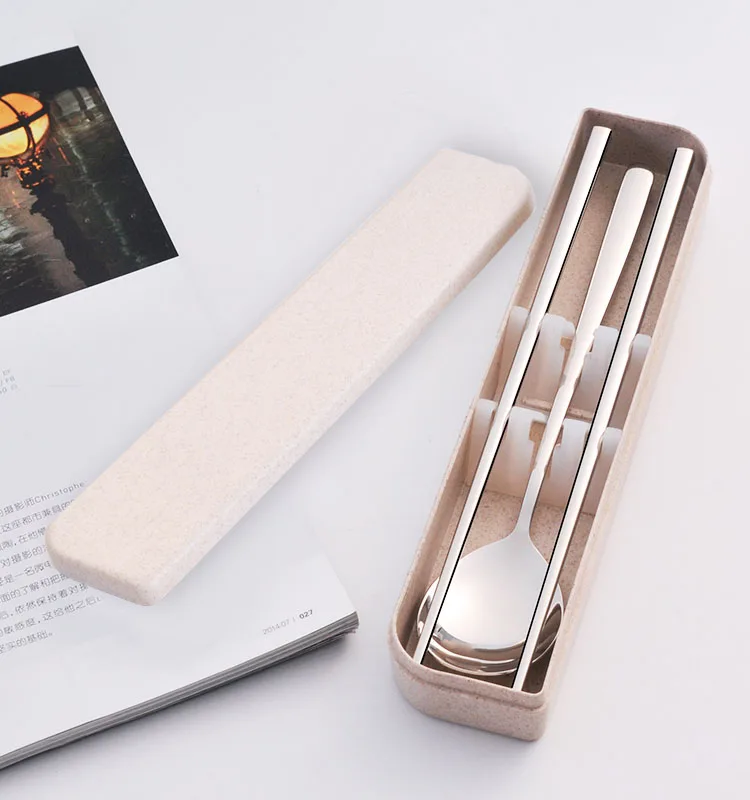 Uncle Donald Portable Stainless Steel Chopsticks and Spoons with Wheat Box Travel and Campus for Back to School