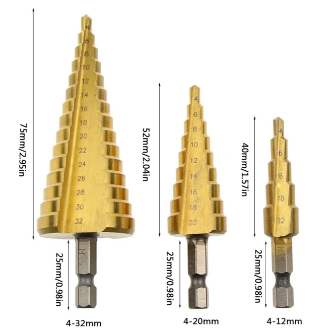 Step Drill Bit Set Hole Cone Cutter Hex Shank High Speed Steel Make Hole Metal Drilling Wood/plastic Box Packing Tin Coated
