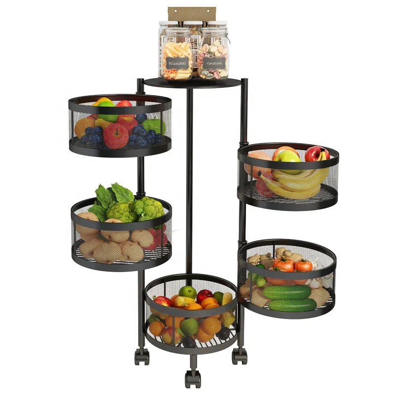 2025 New 360-Degree Rotating Multifunctional Black Metal Storage Basket Multi-layer for Vegetables Fruits High Holder Rack