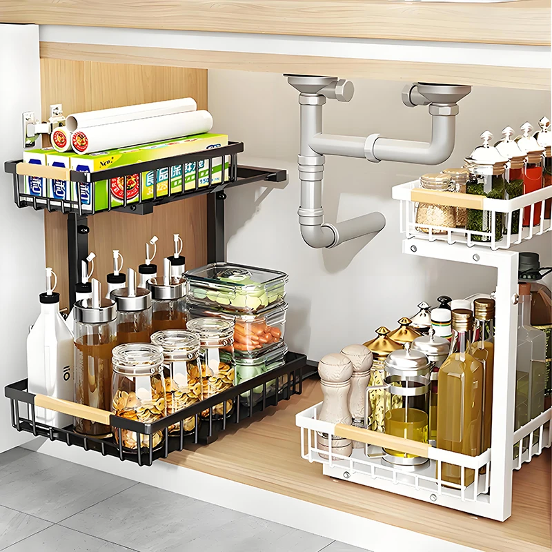 Kitchen 2 Tier Adjustable Pull-out Spice Organizer Basket Under Sink Cabinet Storage Rack Metal Removable Slide Seasoning Holder
