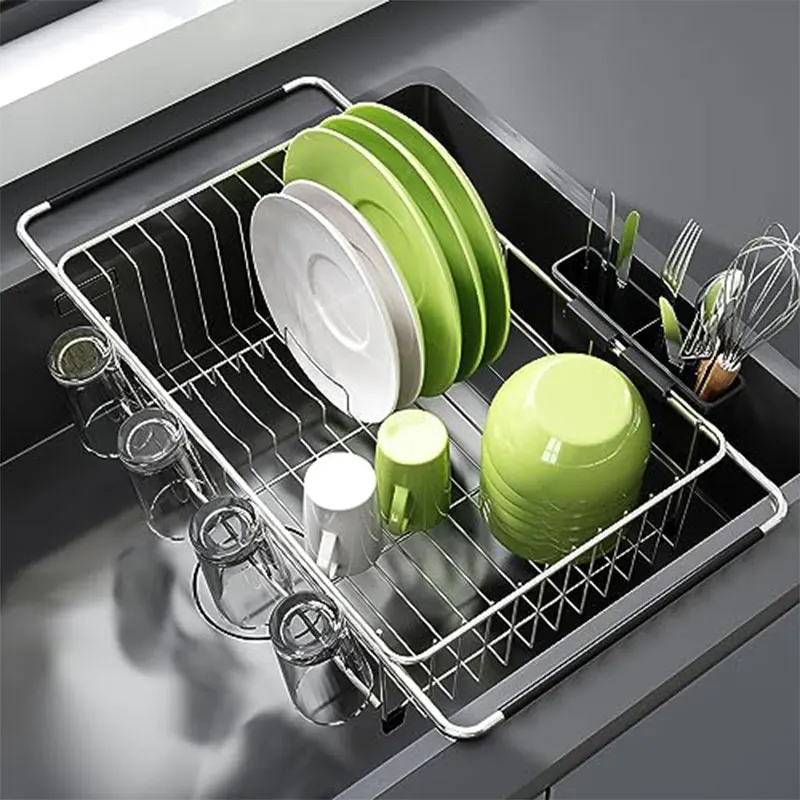 Stainless Steel over Sink Strainer Basket Dish Drying Rack with Expandable Rubber Grip Handles for Kitchen Vegetables Fruits