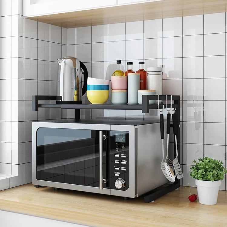 2-tier Metal Kitchen Storage Display Wall Mounted Multi-layer Expandable Microwave Shelf Rack Steel to Adjust