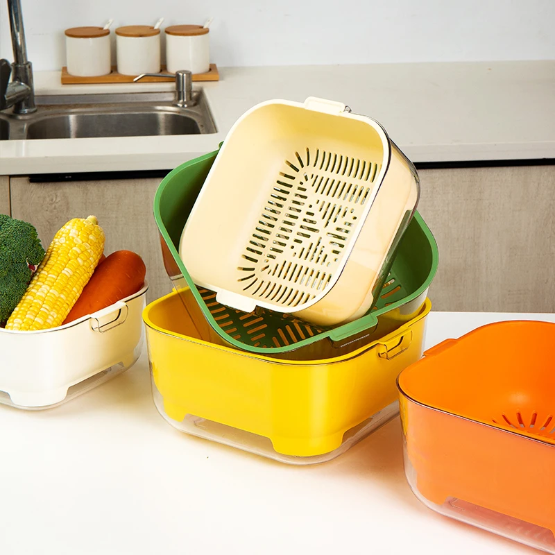 2025 New Arrival Kitchen Utensils PET Double Layer Fruit Vegetable Wash Basin Durable Plastic Handled Drain Basket