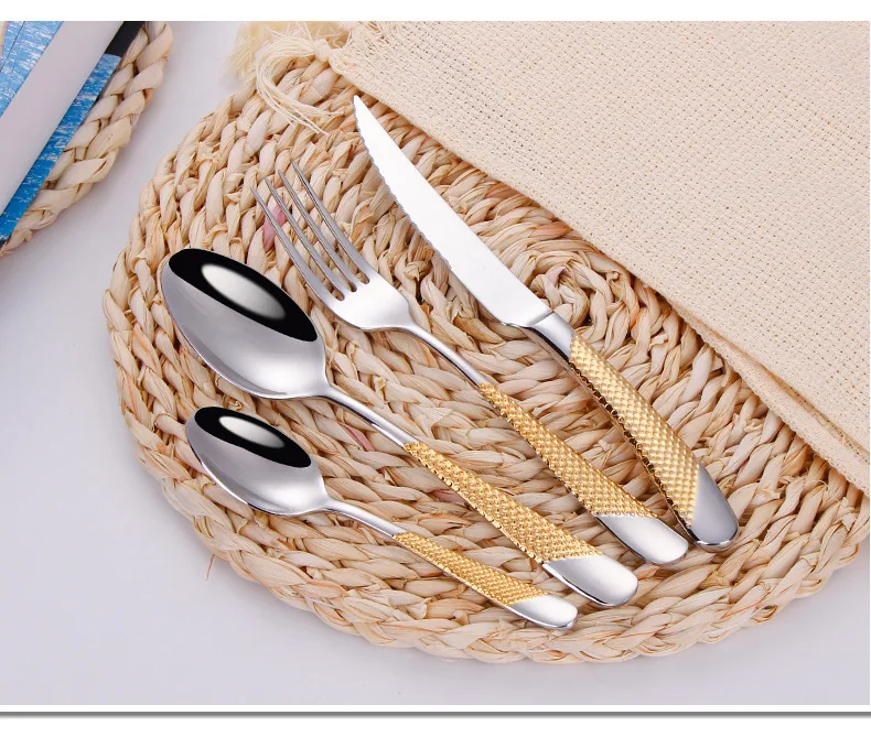 Star Diamond Handle 304 Stainless Steel Tableware Set Mirror for Home Modern Hotels/Parties Steak Knife Fork Tea Spoon Golden