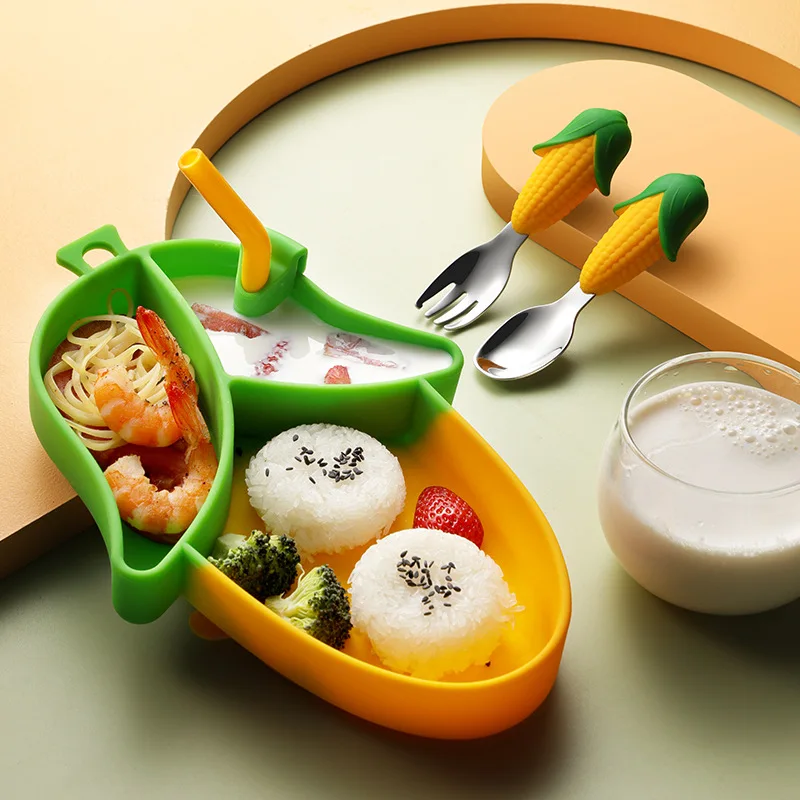 Children's Stainless Steel Fork Spoon Set Silicone Dinner Plate Corn Suction Type for Baby's Supplementary Food for Kids Dining