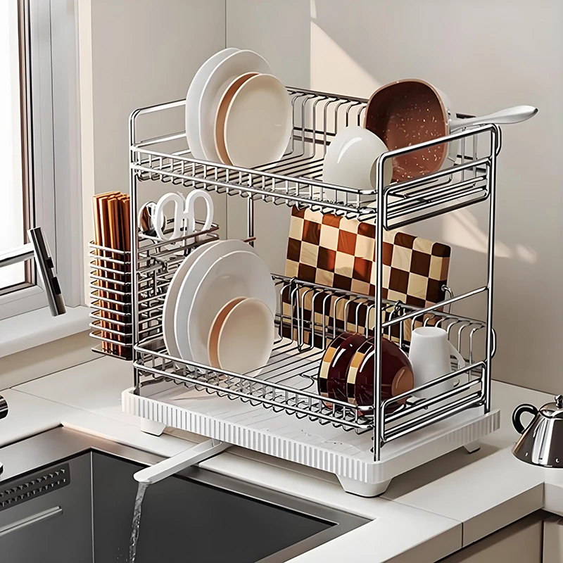 2-tiers Stainless Steel Dish Bowl Rack for Kitchen Over Sink Drying Shelf Capacity with Drain Organizer Tableware Storage Holder