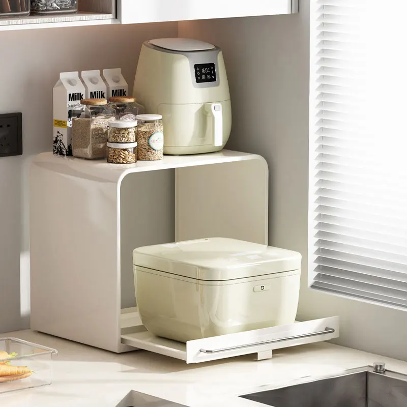 2-Tier Metal Free Standing Kitchen Organizer Pull-Out Countertop Storage Rack for Rice Cooker Microwave Oven Shelf Stand Air