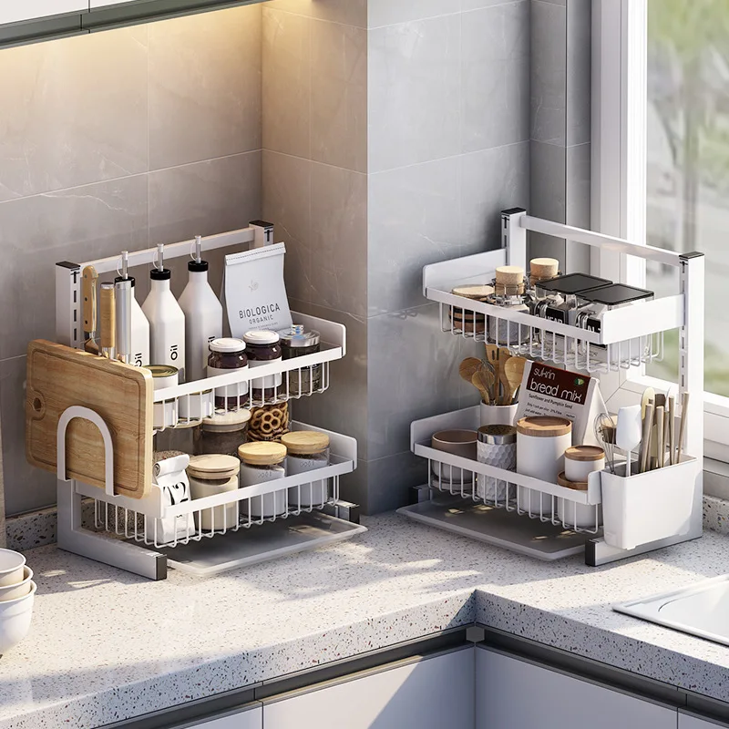 2 Tier Kitchen Table Top Spice Storage Rack  Chopping Board Pantry  Organizer Shelf Adjustable Pull Out Spoon and Knife Holder