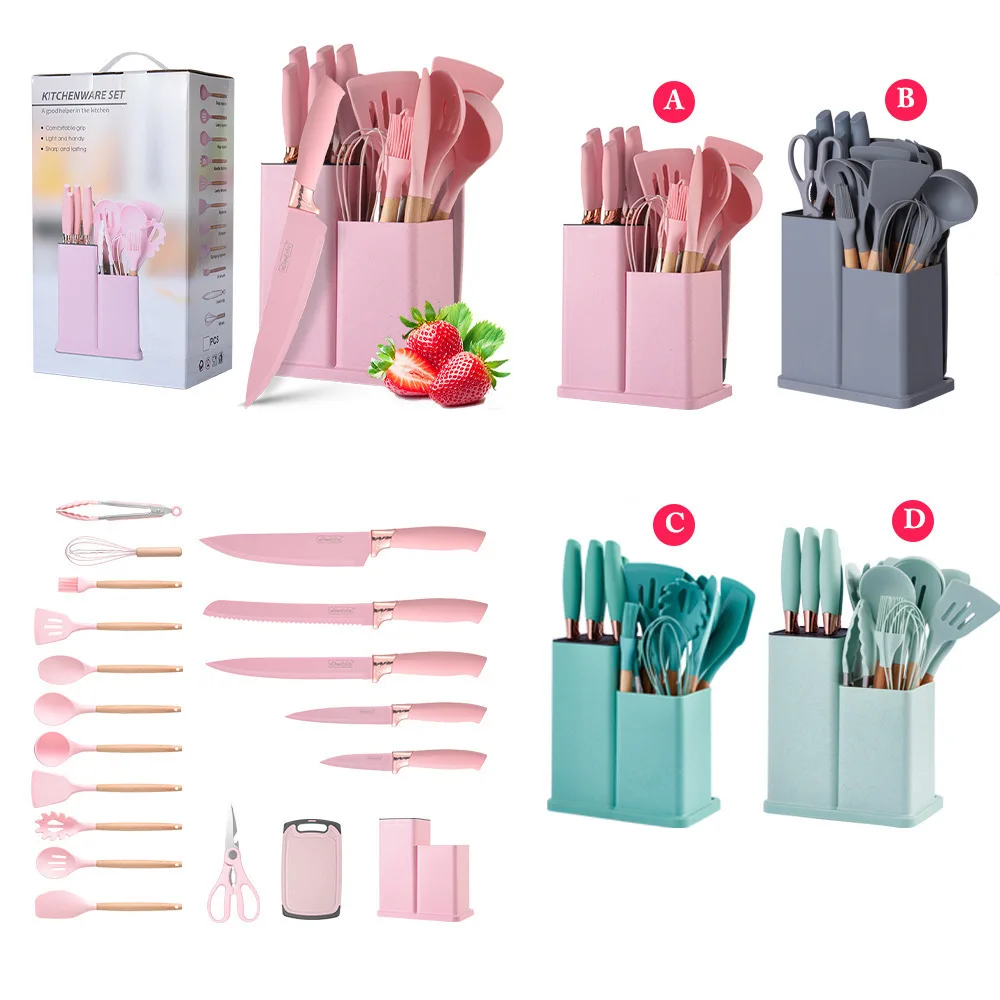 19-IN-1pcs Plastic Kitchenware Cooking Tools Silicone Kitchen Utensil Set Chef Knife Set Chopping Board Essential Cooking