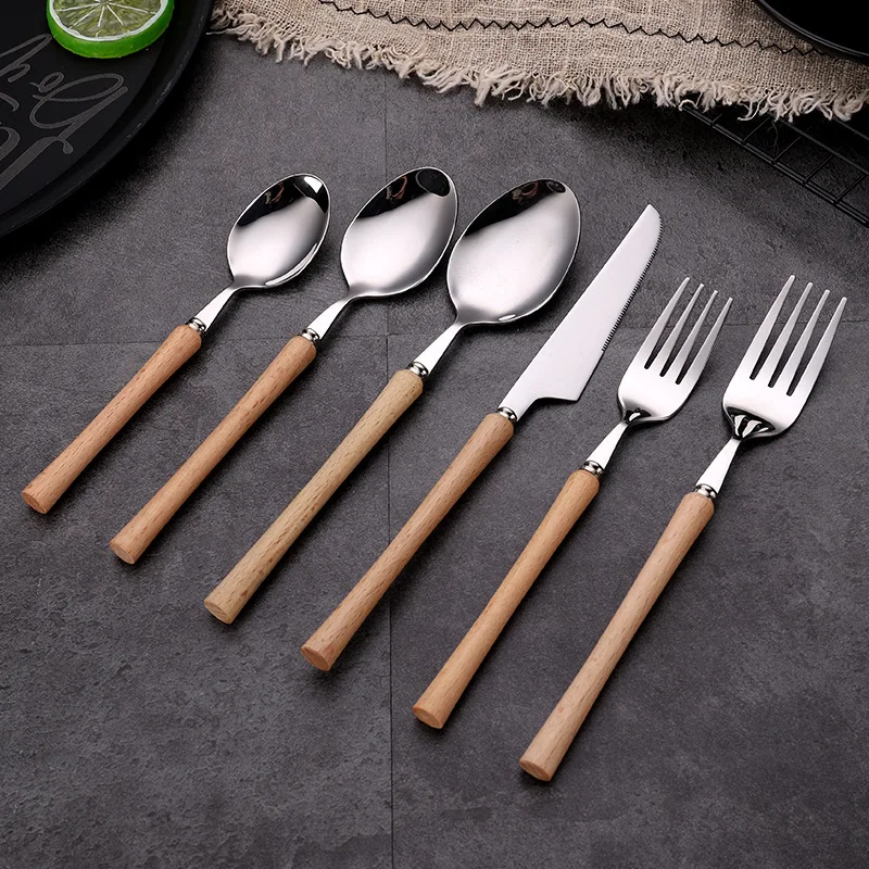 Small Waist 6-Piece Set of Disposable Western Tableware 304 Stainless Steel Knife Fork Spoon Wooden Handle Gift Box for Parties