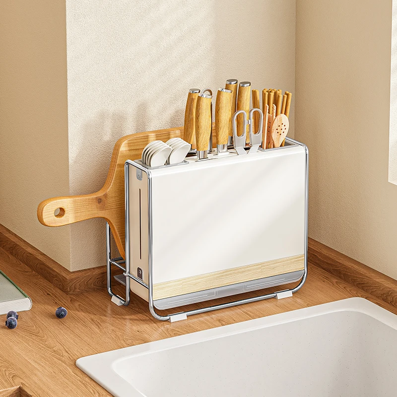 Wall Mount Kitchen Countertop Cutlery Organizer Metal Chopstick Drain Shelf Knife Set Holder Water Tray Iron Storage Display