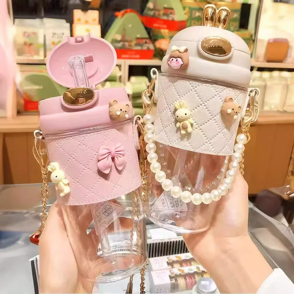 380ml/580ml Cute Rabbit Ear Plastic Water Bottle Cup Girl Kids Portable Plastic Bottle with Straw and Pearls Metal Chain Strap