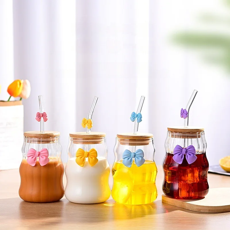Eco-friendly Straw Water Cup With Bamboo Lid Fresh Cute Bow Design Household Use Girl's Juice Coffee Party
