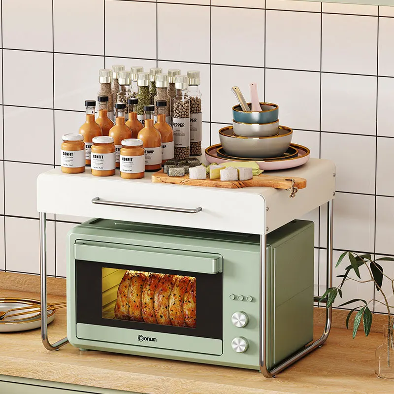 2-Tier Metal Microwave Oven Rack Drawer Kitchen Countertop Storage Organizer for Rice Cooker Coffee Machine Home Appliances