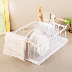 Home Stainless Steel Kitchen Accessory Tableware Drying Storage Dish Drying Rack Holder with Water Tray Wooden Carrying Handle