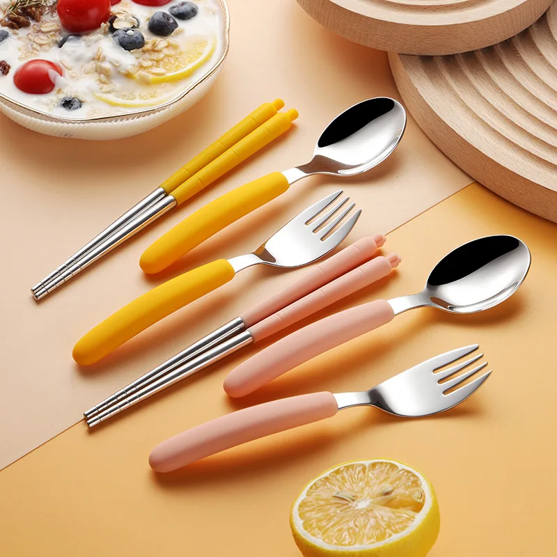 Cute Cartoon Silicone Head Dinner Set Baby Food Grade 304 Stainless Steel Tableware Including Fork for Children's Dining
