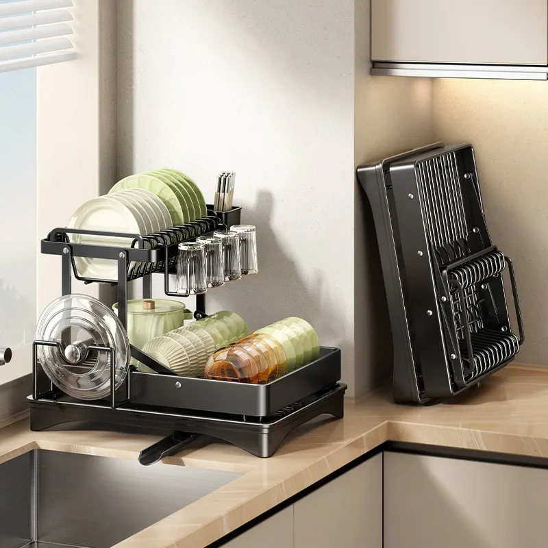 Metal Foldable Sink Bowl Plate Drying Holder Kitchen 2 Layers Rust Resistant Dish Rack Cup Pot Organize Shelf Tableware Storage