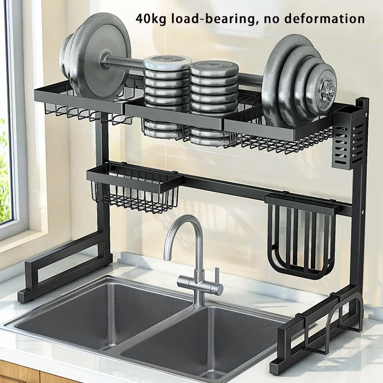 87 CM Dish Drying Racks Metal Sink Dish Drainer Shelf Carton Storage Holders Racks Kitchen Organization Storage Black Double