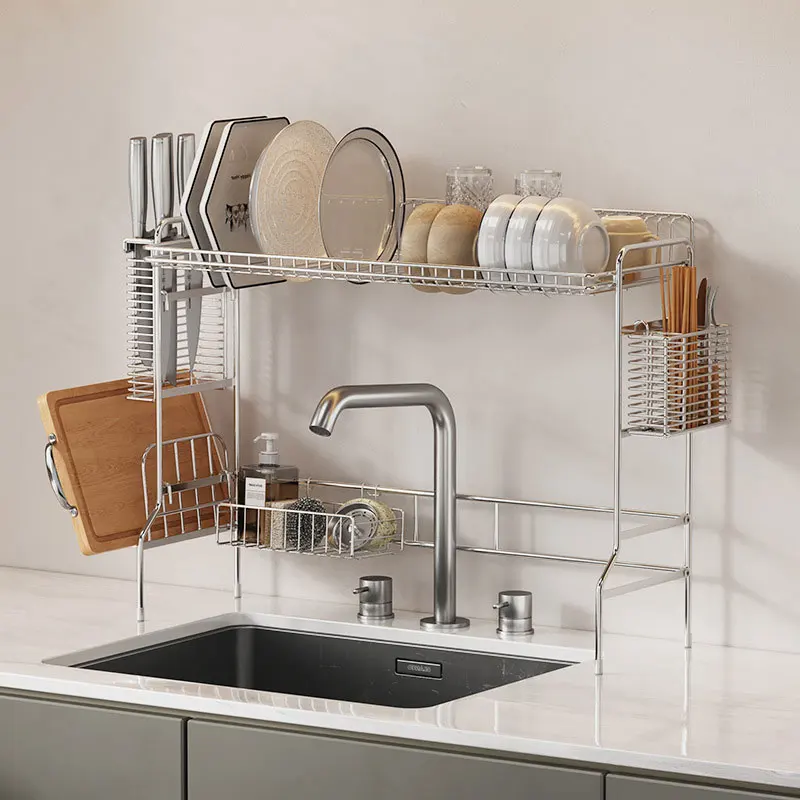 Kitchen Countertop Dish Drain Storage Rack 304 Stainless Steel Rust-Proof Cutlery Organizer Double Includes Chopstick Basket