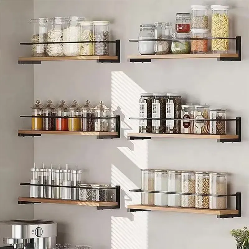 Spice Jars Rack Organizer Wood Wall Mounted Storage Shelf Space Saving with Adhesive Sticker Screws for Kitchen Cabinet Pantry