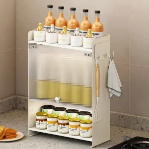 3-Tier Magnetic Hook Storage Rack for Seasoning Bottles Kitchen Countertop Spice Cabinet Dust-proof Feature for Bathroom Metal