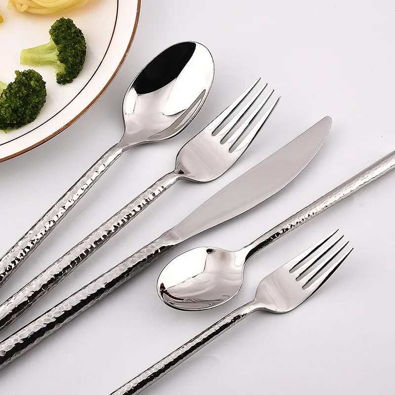 Solid 304 Stainless Steel Bar Hammer Classic Design Golden Knife Fork Spoon 5-Piece Disposable Tableware Set for Hotels Parties