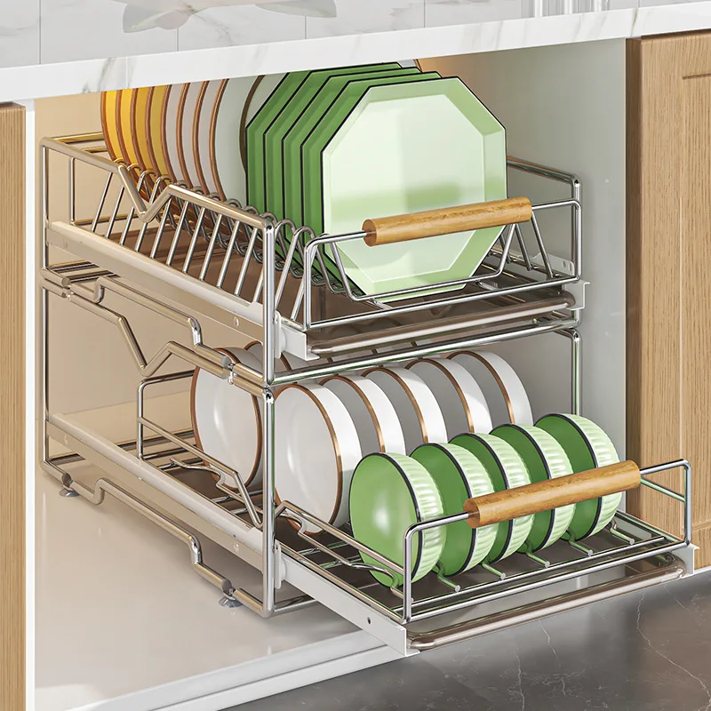2Tier Kitchen Stainless Steel Under Sink Dish Storage Rack Cabinet Pull Out Water Tray Bowls Drying Shelf Drain Organizer Holder