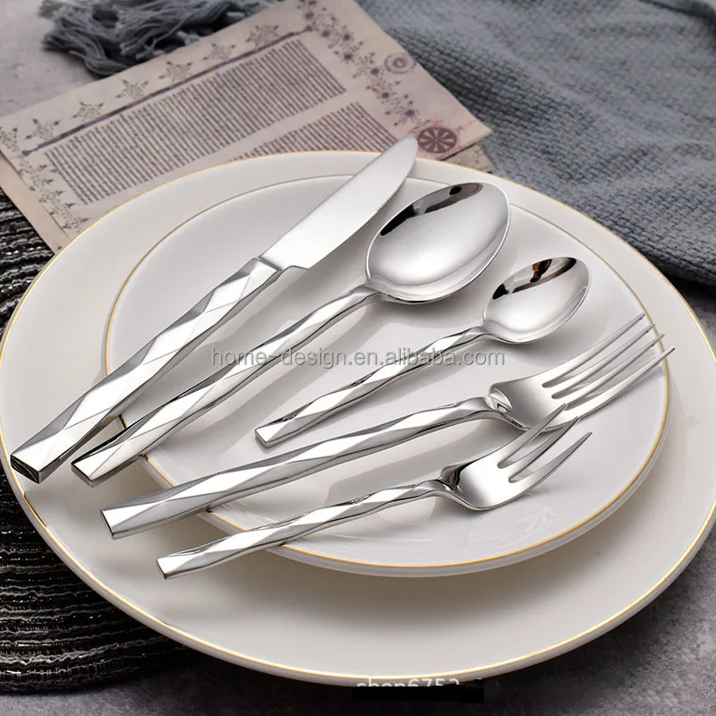 Top Sellers 304 square Handle  Stainless Steel Cutlery Set for Banquet Golden Stainless Steel Cutlery Kitchen Flatware
