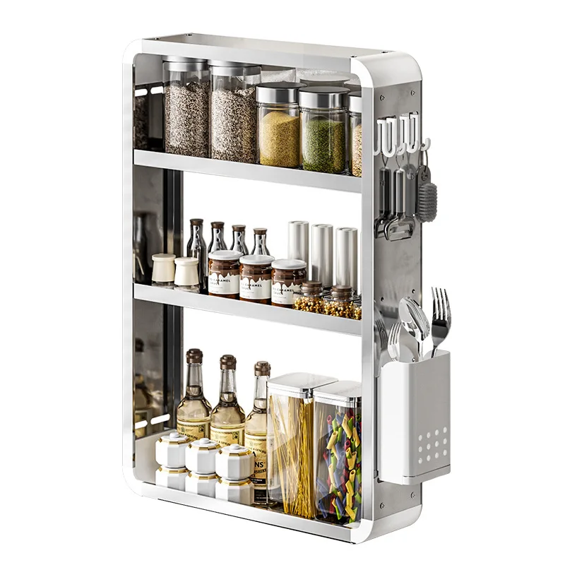 Kitchen 4 Tier Wall Mount Spice Jar Rack Chopstick Organizer Holder No Punching Seasoning Bottle Shelf With Magnetic Storage Box