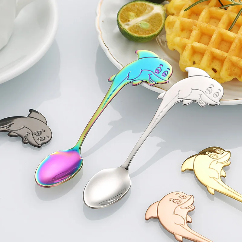 Creative Cute Dolphin Metal Spoon Unique 18/8 Stainless Steel Stirring Cutlery for Milk Tea Coffee Mirror for Home Office