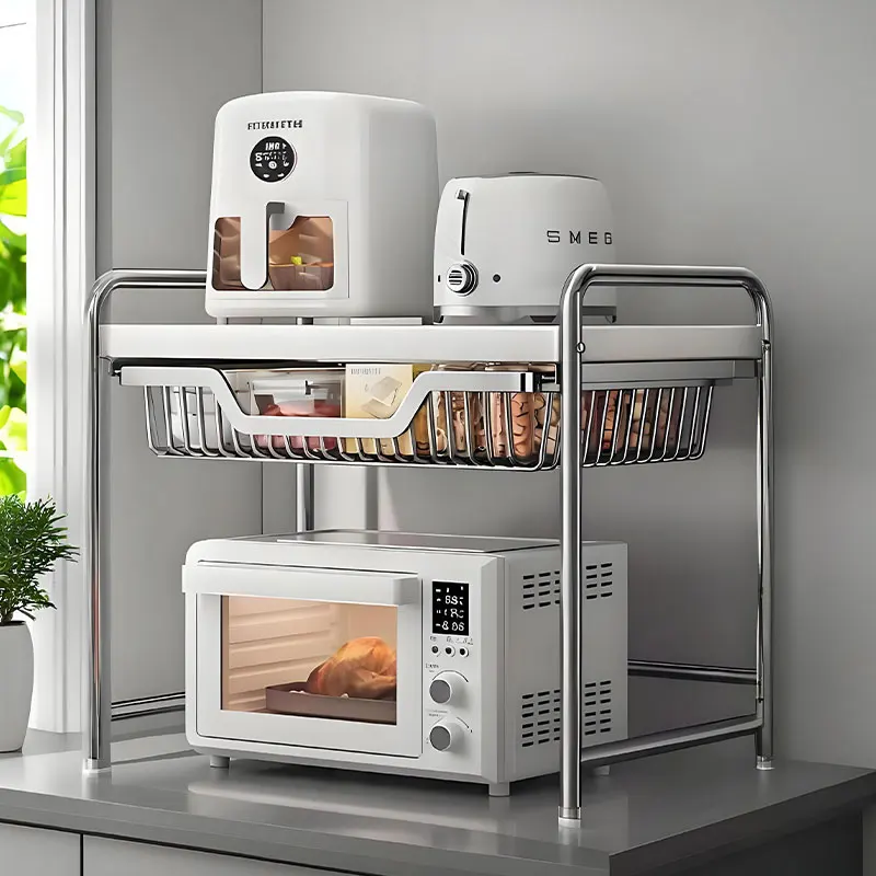 2 Tier Pull Out Basket air Fryer Oven Plate Organize Rack Kitchen Microwave Stand with Storage Modern Metal Balcony Mesa Holder