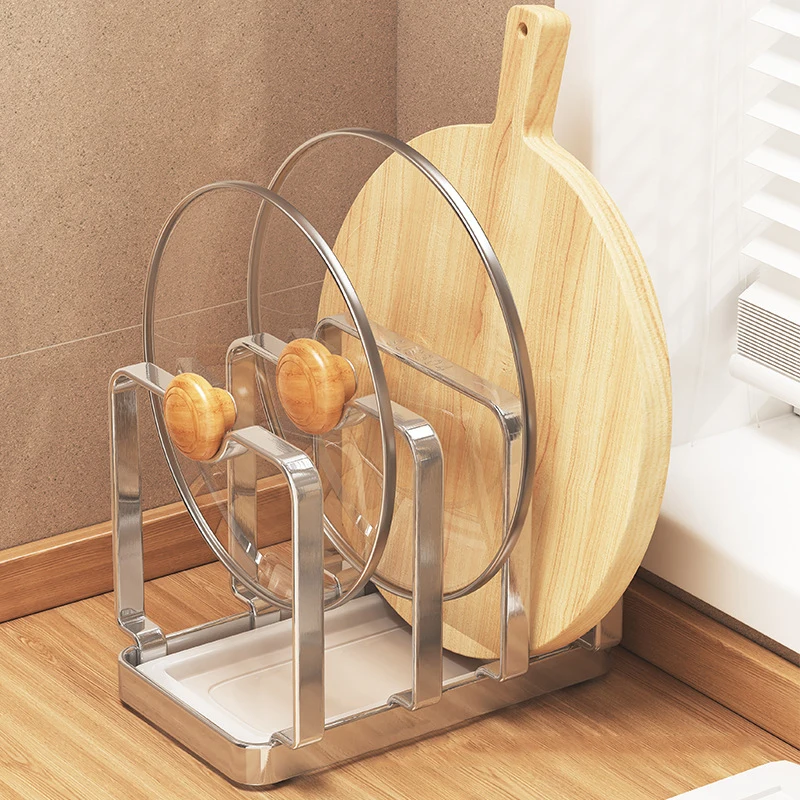 304 Stainless Steel Rust-Proof Kitchen Storage Rack Countertop Three Slots Pan Lid Holder Cutting Board Organizer Space Saving